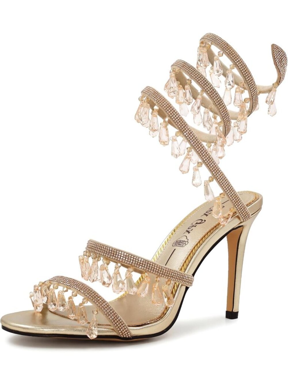 Women's Gold Ankle Wrap Crystal Pendants Sexy Sparkly Stiletto High Heels Shoes